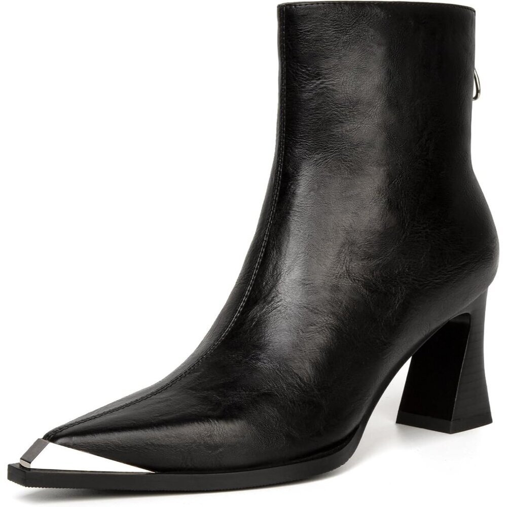 Women's Black Metal Toe Side Zipper Chunky Block Heels Comfortable Short Boots